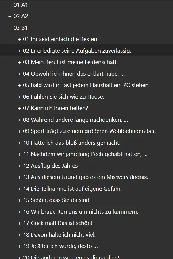 The B1 level expanded in Anki, listing Menschen lessons in order, starting with Ihr seid einfach die Besten! and Er erledigte seine Aufgaben zuverlässig.