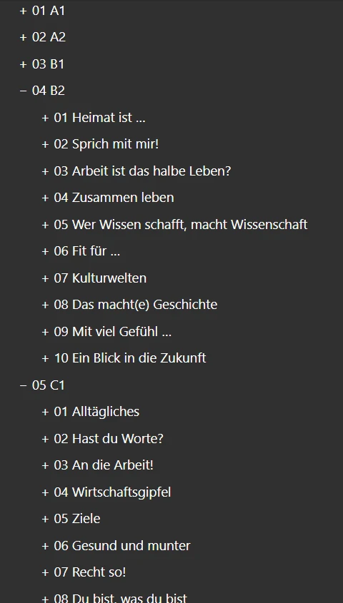 The deck open in Anki: levels A1 to C1, with B2 and C1 expanded into Aspekte Neu chapters such as Heimat ist, Sprich mit mir! and Kulturwelten.